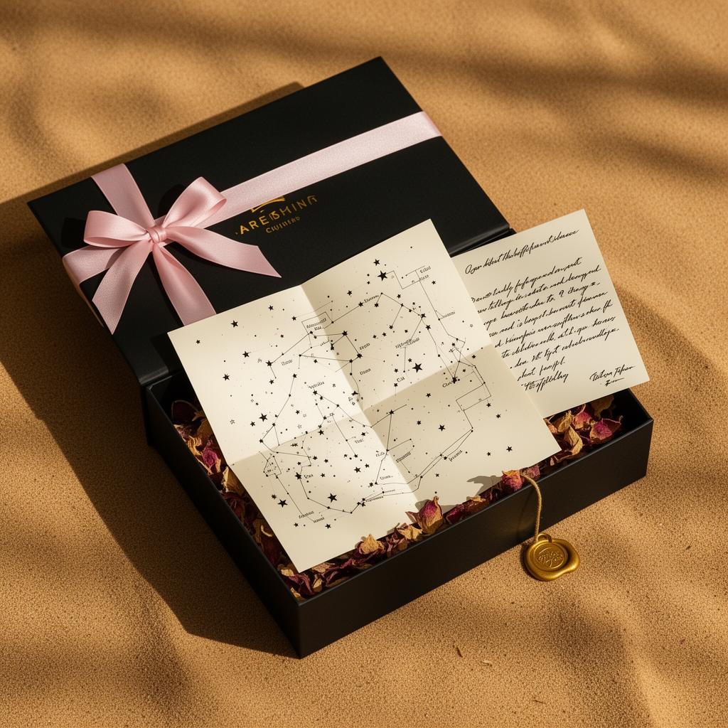 Embalagem memorial premium com mapa celeste, carta afetiva e selo dourado
